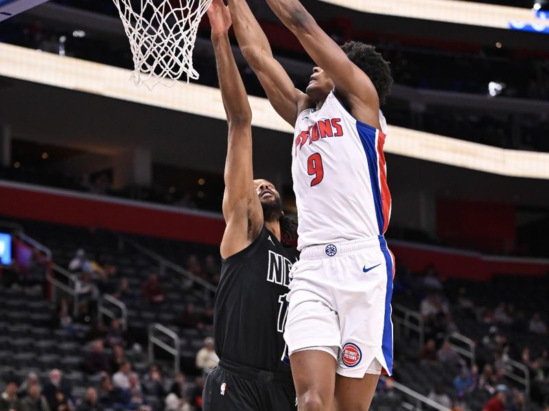 DETROIT, MICHIGAN - MARCH 07: Ausar Thompson #9 of the Detroit Pistons dunks against the Brooklyn Nets during the first half at Little Caesars Arena on March 07, 2024 in Detroit, Michigan. NOTE TO USER: User expressly acknowledges and agrees that, by downloading and or using this photograph, User is consenting to the terms and conditions of the Getty Images License Agreement. (Photo by Luke Hales/Getty Images)