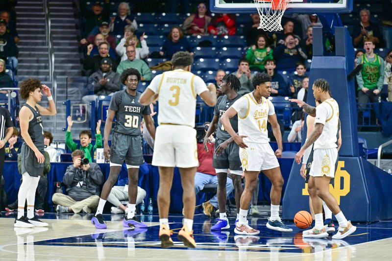Jan 28, 2025; South Bend, Indiana, USA; Notre Dame Fighting Irish forward Kebba Njie (14) celebrates with forward Tae Davis (7) after a basket in the second half against the Georgia Tech Yellow Jackets at the Purcell Pavilion. Mandatory Credit: Matt Cashore-Imagn Images