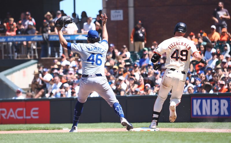 Jun 30, 2024; San Francisco, California, USA; Los Angeles Dodgers relief pitcher Yohan Ramirez (46) calls for the ball as San Francisco Giants second baseman Tyler Fitzgerald (49) safely reaches fist base during the seventh inning at Oracle Park. Mandatory Credit: Kelley L Cox-USA TODAY Sports