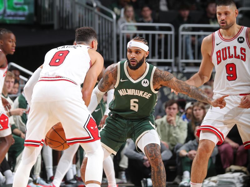 MILWAUKEE, WI - NOVEMBER 20: Gary Trent Jr. #5 of the Milwaukee Bucks plays defense during the game against the Chicago Bulls on November 20, 2024 at the Fiserv Forum Center in Milwaukee, Wisconsin. NOTE TO USER: User expressly acknowledges and agrees that, by downloading and or using this Photograph, user is consenting to the terms and conditions of the Getty Images License Agreement. Mandatory Copyright Notice: Copyright 2024 NBAE (Photo by Gary Dineen/NBAE via Getty Images).