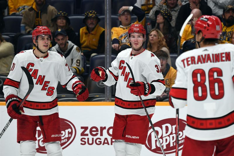 Dec 27, 2023; Nashville, Tennessee, USA; Carolina Hurricanes right wing Andrei Svechnikov (37) celebrates with teammates after a goal during the second period against the Nashville Predators at Bridgestone Arena. Mandatory Credit: Christopher Hanewinckel-USA TODAY Sports