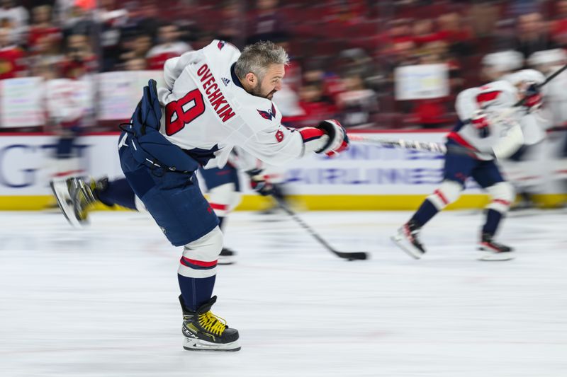 Dec 10, 2023; Chicago, Illinois, USA; Washington Capitals left wing Alex Ovechkin (8) warms up against the Chicago Blackhawks before the game at the United Center. Mandatory Credit: Daniel Bartel-USA TODAY Sports