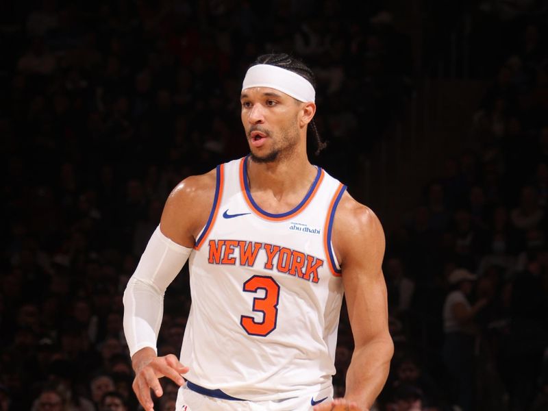 NEW YORK, NY - FEBRUARY 12: Josh Hart #3 of the New York Knicks looks on during the game against the Atlanta Hawks on February 12, 2025 at Madison Square Garden in New York City, New York.  NOTE TO USER: User expressly acknowledges and agrees that, by downloading and or using this photograph, User is consenting to the terms and conditions of the Getty Images License Agreement. Mandatory Copyright Notice: Copyright 2025 NBAE(Photo by Nathaniel S. Butler/NBAE via Getty Images)