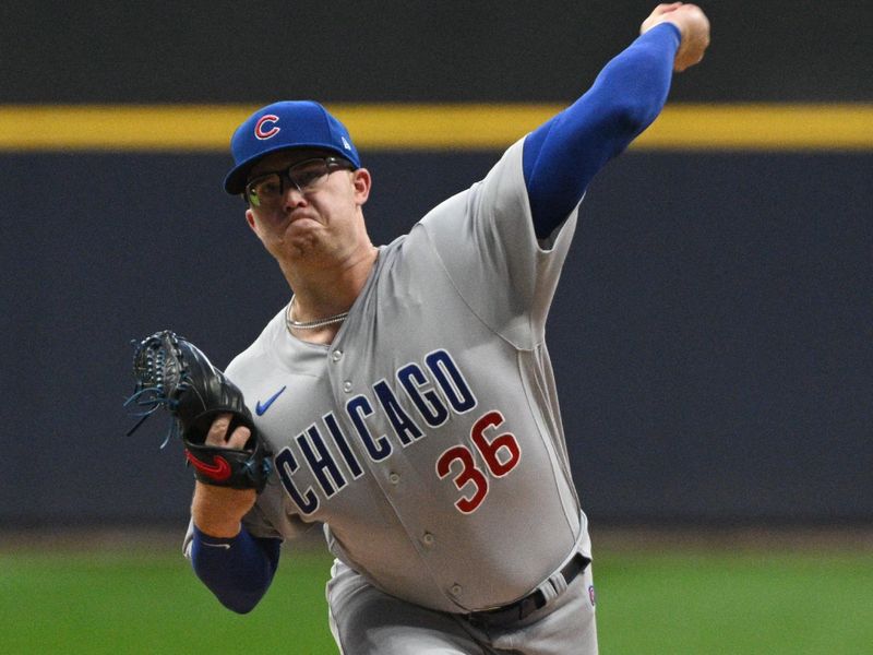 Sep 30, 2023; Milwaukee, Wisconsin, USA; Chicago Cubs starting pitcher Jordan Wicks (36) delivers a pitch against the Milwaukee Brewers in the first inning at American Family Field. Mandatory Credit: Michael McLoone-USA TODAY Sports