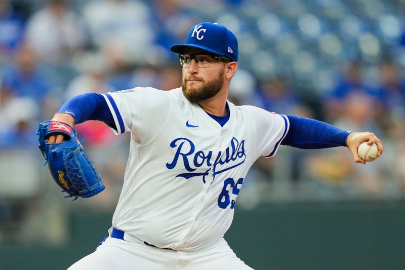 Sep 4, 2025; Kansas City, Missouri, USA; Kansas City Royals starting pitcher Noah Cameron (65) pitches during the first inning against the Los Angeles Angels at Kauffman Stadium. Mandatory Credit: Jay Biggerstaff-Imagn Images