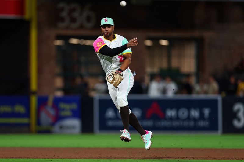 Apr 25, 2025; San Diego, California, USA; San Diego Padres shortstop Xander Bogaerts (2) throws to first on a ground out by Tampa Bay Rays catcher Ben Rortvedt (30) during the ninth inning at Petco Park. Mandatory Credit: Chadd Cady-Imagn Images