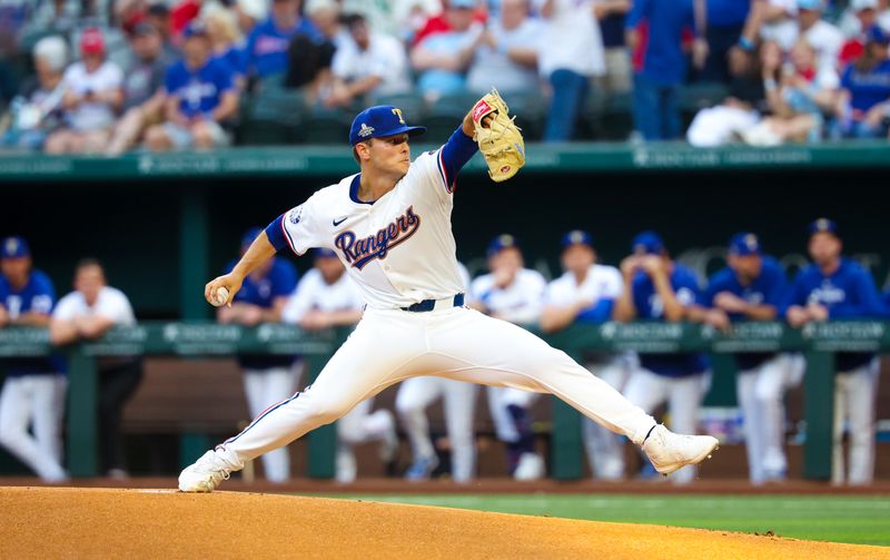 May 14, 2024; Arlington, Texas, USA;  Texas Rangers starting pitcher Jack Leiter (35) throws during the first inning against the Cleveland Guardians at Globe Life Field. Mandatory Credit: Kevin Jairaj-USA TODAY Sports