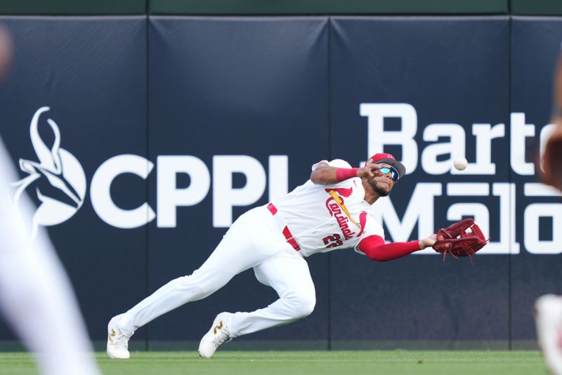 Mar 7, 2026; Jupiter, Florida, USA;  St. Louis Cardinals right fielder Joshua Baez (22) makes a diving catch in the first inning against the New York Mets at Roger Dean Chevrolet Stadium. Mandatory Credit: Jim Rassol-Imagn Images