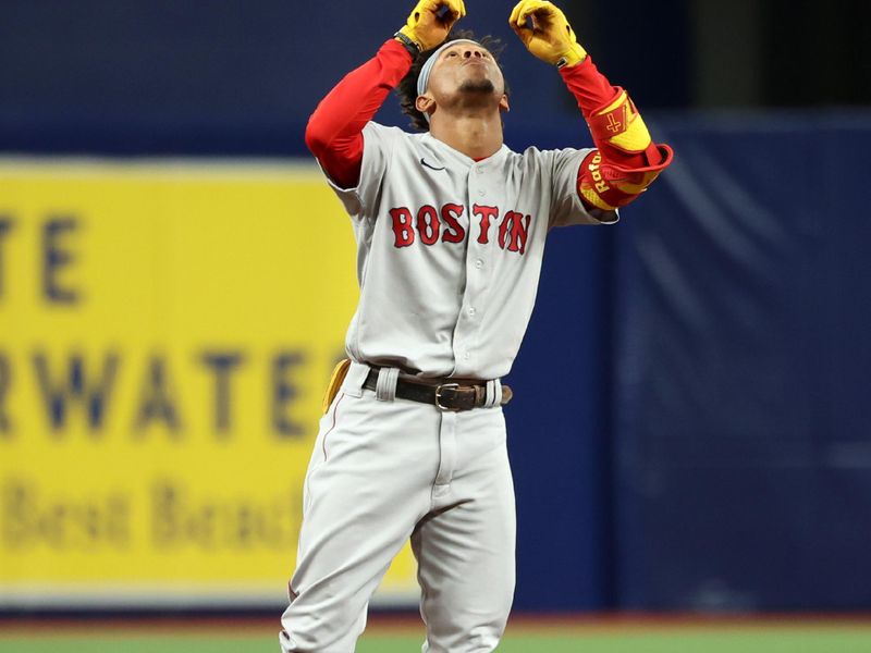 Sep 6, 2023; St. Petersburg, Florida, USA; Boston Red Sox outfielder Ceddanne Rafaela (43) doubles against the Tampa Bay Rays during the eighth inning at Tropicana Field. Mandatory Credit: Kim Klement Neitzel-USA TODAY Sports