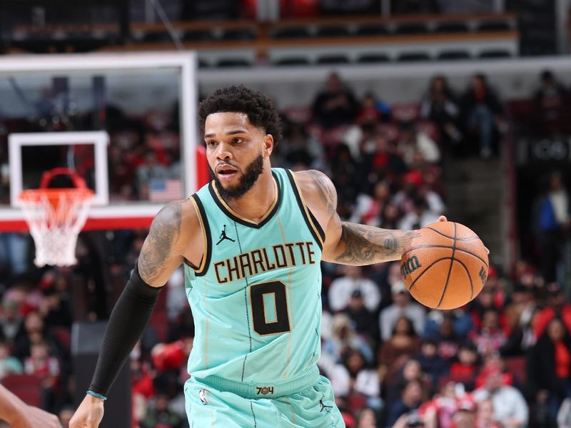 CHICAGO, IL - DECEMBER 13: Miles Bridges #0 of the Charlotte Hornets dribbles the ball during the game against the Chicago Bulls on December 13, 2024 at United Center in Chicago, Illinois. NOTE TO USER: User expressly acknowledges and agrees that, by downloading and or using this photograph, User is consenting to the terms and conditions of the Getty Images License Agreement. Mandatory Copyright Notice: Copyright 2024 NBAE (Photo by Jeff Haynes/NBAE via Getty Images)