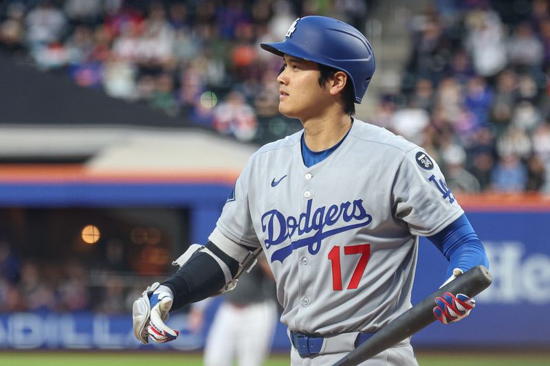 May 25, 2025; New York City, New York, USA; Los Angeles Dodgers designated hitter Shohei Ohtani (17) reacts after striking out during the third inning New York Mets starting pitcher Kodai Senga (not pictured) at Citi Field. Mandatory Credit: Vincent Carchietta-Imagn Images