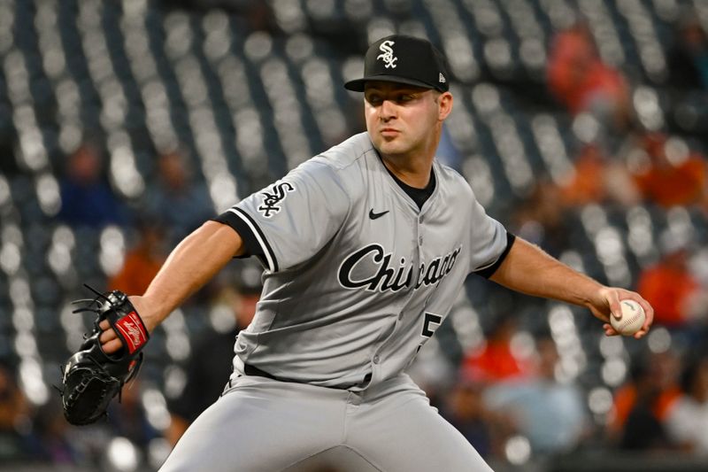 Sep 3, 2024; Baltimore, Maryland, USA; Chicago White Sox pitcher Jared Shuster (51) throws a second inning pitch against the Baltimore Orioles  at Oriole Park at Camden Yards. Mandatory Credit: Tommy Gilligan-Imagn Images