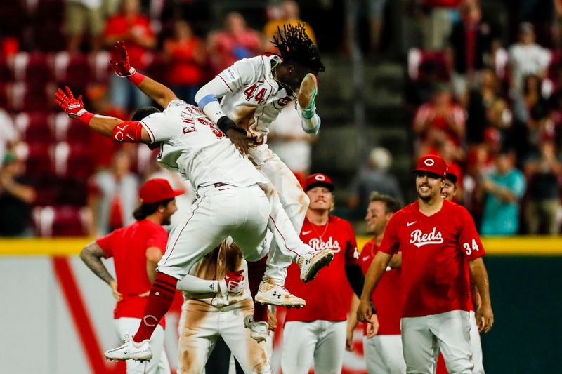 Sep 5, 2023; Cincinnati, Ohio, USA; Cincinnati Reds first baseman Christian Encarnacion-Strand (33) celebrates with shortstop Elly De La Cruz (44) after the victory over the Seattle Mariners at Great American Ball Park. Mandatory Credit: Katie Stratman-USA TODAY Sports