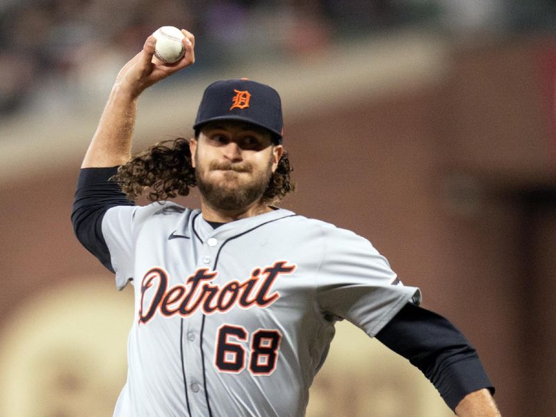 Aug 9, 2024; San Francisco, California, USA; Detroit Tigers pitcher Jason Foley (68) delivers a pitch against the San Francisco Giants during the eighth inning at Oracle Park. Mandatory Credit: D. Ross Cameron-USA TODAY Sports