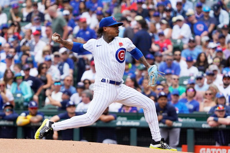 May 29, 2023; Chicago, Illinois, USA; Chicago Cubs starting pitcher Marcus Stroman (0) throws the ball against the Tampa Bay Rays during the first inning at Wrigley Field. Mandatory Credit: David Banks-USA TODAY Sports