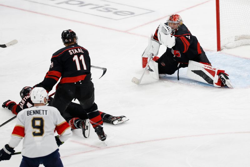 May 28, 2025; Raleigh, North Carolina, USA; Carolina Hurricanes goaltender Frederik Andersen (31) makes a save during the third period against the Florida Panthers in game five of the Eastern Conference Final of the 2025 Stanley Cup Playoffs at Lenovo Center. Mandatory Credit: Geoff Burke-Imagn Images