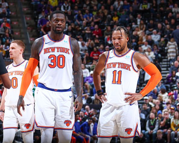 SALT LAKE CITY, UT - DECEMBER 13:  Jalen Brunson #11 of the New York Knicks &Julius Randle #30 of the New York Knicks looks on during the game on December 13, 2023 at vivint.SmartHome Arena in Salt Lake City, Utah. NOTE TO USER: User expressly acknowledges and agrees that, by downloading and or using this Photograph, User is consenting to the terms and conditions of the Getty Images License Agreement. Mandatory Copyright Notice: Copyright 2023 NBAE (Photo by Melissa Majchrzak/NBAE via Getty Images)