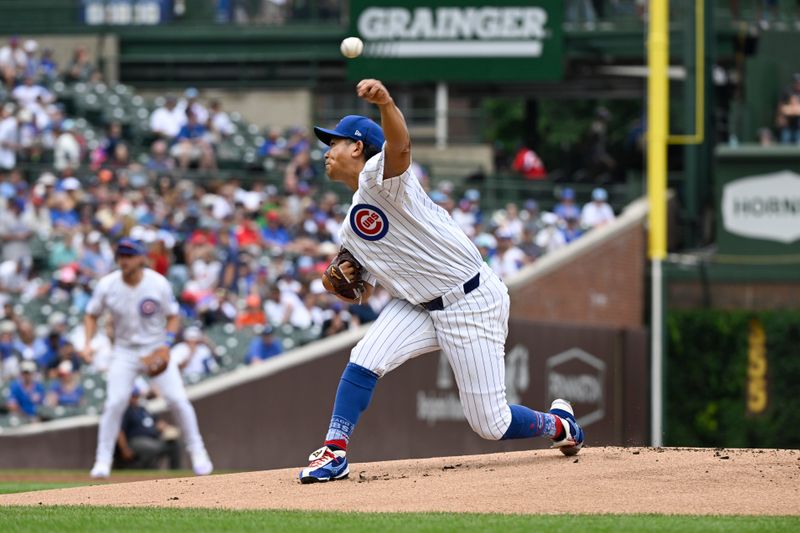 Aug 18, 2024; Chicago, Illinois, USA; Chicago Cubs pitcher Shota Imanaga (18) delivers against the Toronto Blue Jays during the first inning at Wrigley Field. Mandatory Credit: Matt Marton-USA TODAY Sports