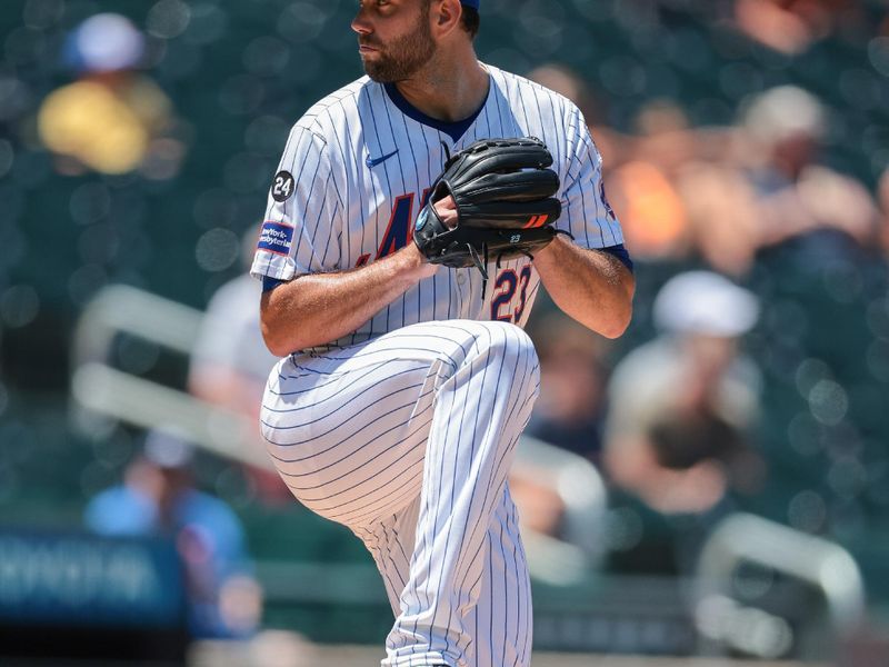 Jul 11, 2024; New York City, New York, USA; New York Mets starting pitcher David Peterson (23) delivers a pitch during the first inning against the Washington Nationals at Citi Field. Mandatory Credit: Vincent Carchietta-USA TODAY Sports