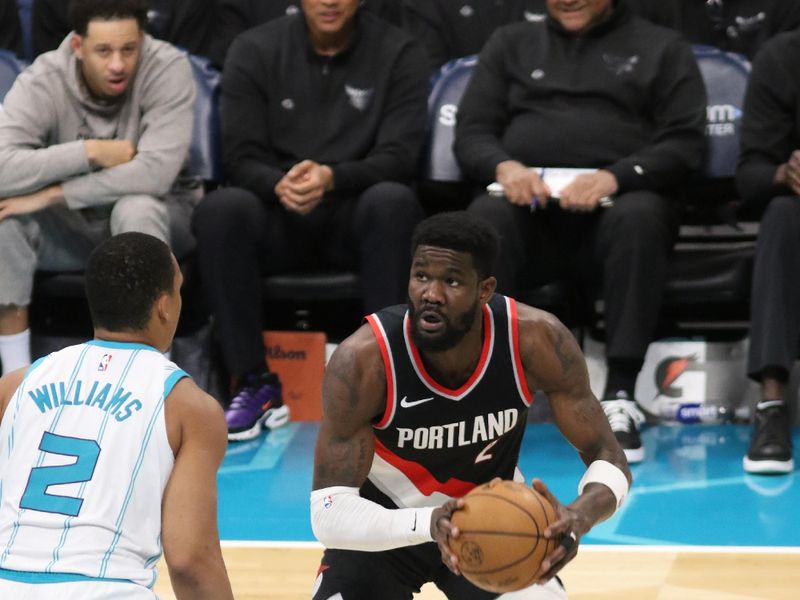 CHARLOTTE, NC - APRIL 3:  Deandre Ayton #2 of the Portland Trail Blazers handles the ball during the game against the Charlotte Hornets  on April 3, 2024 at Spectrum Center in Charlotte, North Carolina. NOTE TO USER: User expressly acknowledges and agrees that, by downloading and or using this photograph, User is consenting to the terms and conditions of the Getty Images License Agreement.  Mandatory Copyright Notice:  Copyright 2024 NBAE (Photo by Brock Williams-Smith/NBAE via Getty Images)