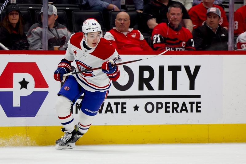 Apr 15, 2024; Detroit, Michigan, USA;  Montreal Canadiens defenseman Lane Hutson (48) skates in the first period against the Detroit Red Wings at Little Caesars Arena. Mandatory Credit: Rick Osentoski-USA TODAY Sports