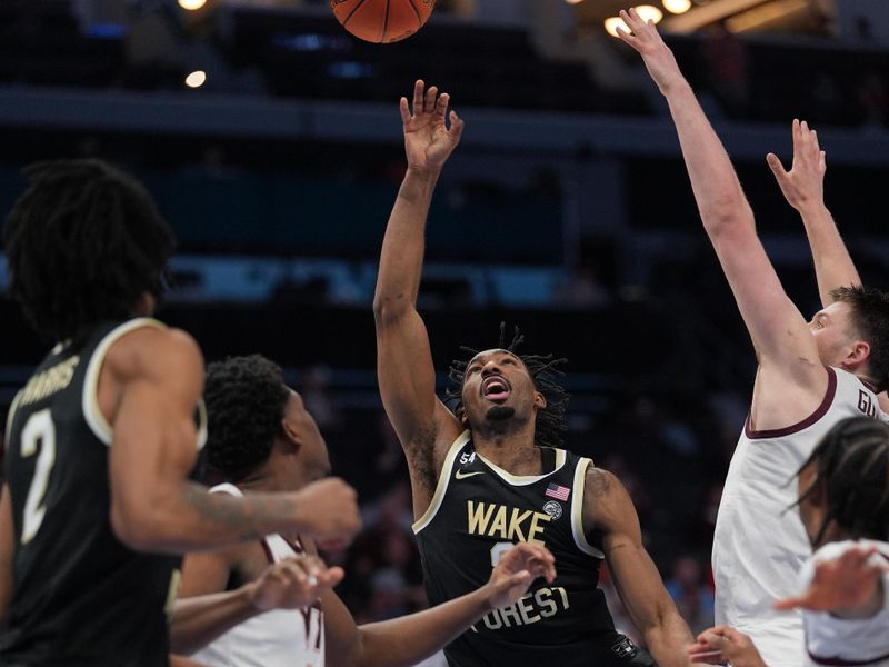 Mar 10, 2026; Charlotte, NC, USA;  Wake Forest Demon Deacons forward Juke Harris (2) shoots the ball against the Virginia Tech Hokies during the second half at Spectrum Center. Mandatory Credit: Jim Dedmon-Imagn Images