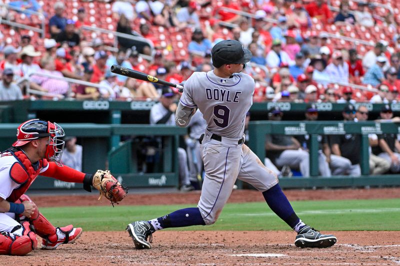 Aug 6, 2023; St. Louis, Missouri, USA;  Colorado Rockies center fielder Brenton Doyle (9) hits a single against the St. Louis Cardinals during the seventh inning at Busch Stadium. Mandatory Credit: Jeff Curry-USA TODAY Sports