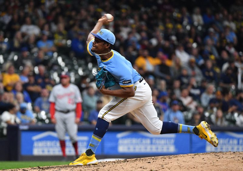 Sep 15, 2023; Milwaukee, Wisconsin, USA; Milwaukee Brewers pitcher Abner Uribe (45) delivers a pitch against the Washington Nationals in the seventh inning at American Family Field. Mandatory Credit: Michael McLoone-USA TODAY Sports