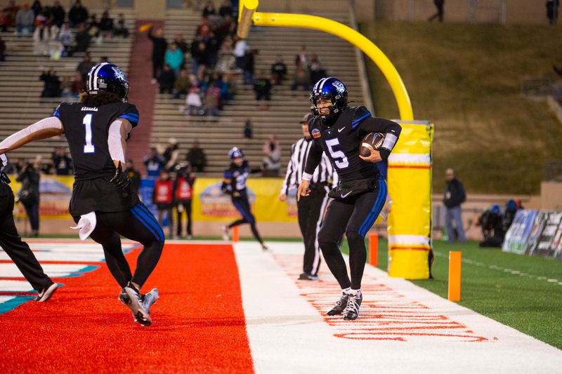 Dec 17, 2022; Albuquerque, New Mexico, USA; Brigham Young Cougars quarterback Sol-Jay Maiava-Peters (5) celebrates after a running touchdown against the Southern Methodist Mustangs at University Stadium (Albuquerque). Mandatory Credit: Ivan Pierre Aguirre-USA TODAY Sports