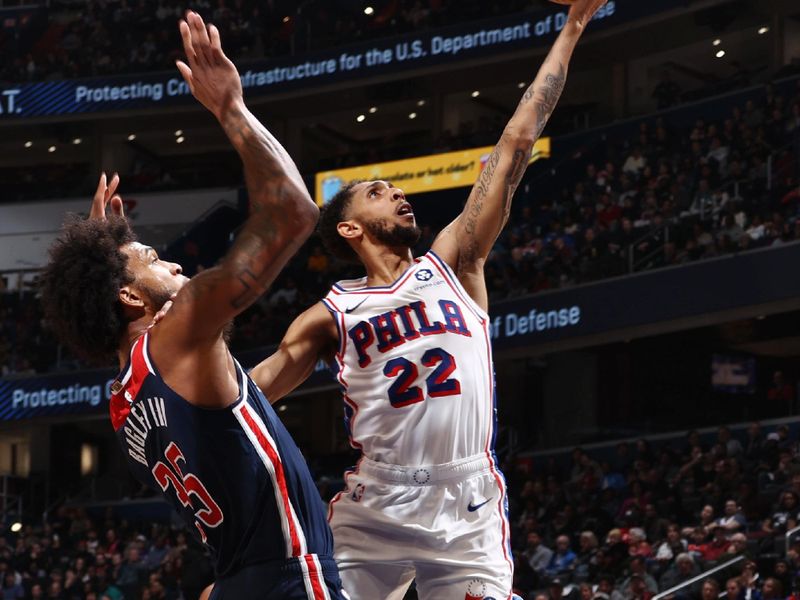 WASHINGTON, DC -? FEBRUARY 10: Cameron Payne #22 of the Philadelphia 76ers drives to the basket during the game against the Washington Wizards on February 10, 2024 at Capital One Arena in Washington, DC. NOTE TO USER: User expressly acknowledges and agrees that, by downloading and or using this Photograph, user is consenting to the terms and conditions of the Getty Images License Agreement. Mandatory Copyright Notice: Copyright 2024 NBAE (Photo by Kenny Giarla/NBAE via Getty Images)