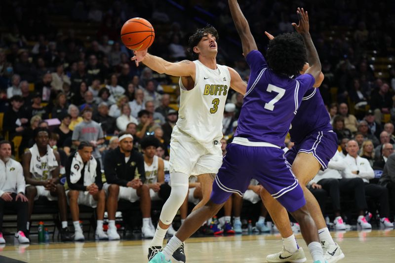 Feb 1, 2026; Boulder, Colorado, USA; Colorado Buffaloes forward Alon Michaeli (3) passes the ball around Texas Christian University Horned Frogs guard Kayden Edwards (7) in the second half at the CU Events Center. Mandatory Credit: Ron Chenoy-Imagn Images