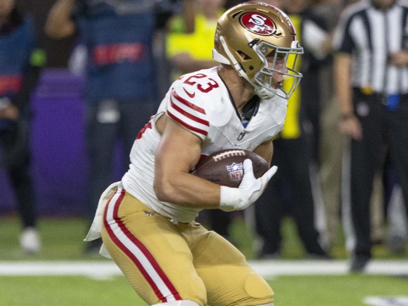 San Francisco 49ers running back Christian McCaffrey runs during an NFL football game against the Minnesota Vikings, Monday, Oct. 23, 2023, in Minneapolis. (AP Photo/Andy Clayton-King)