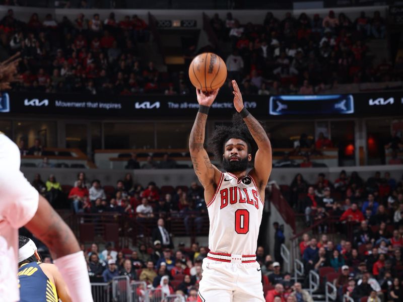 CHICAGO, IL - MARCH 27: Coby White #0 of the Chicago Bulls shoots a three point basket against the Indiana Pacers on March 27, 2024 at United Center in Chicago, Illinois. NOTE TO USER: User expressly acknowledges and agrees that, by downloading and or using this photograph, User is consenting to the terms and conditions of the Getty Images License Agreement. Mandatory Copyright Notice: Copyright 2024 NBAE (Photo by Jeff Haynes/NBAE via Getty Images)