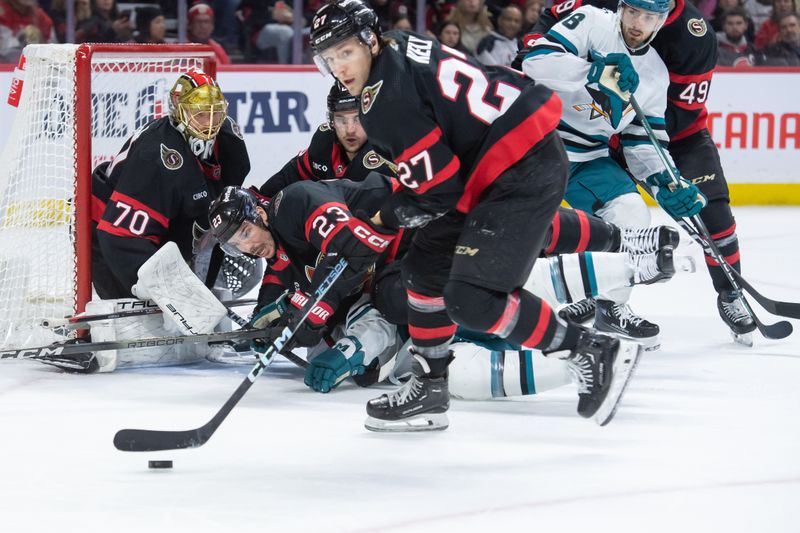 Jan 13, 2024; Ottawa, Ontario, CAN; Ottawa Senators left wing Parker Kelly (27) skates with the puck in the second period against the San Jose Sharks at the Canadian Tire Centre. Mandatory Credit: Marc DesRosiers-USA TODAY Sports