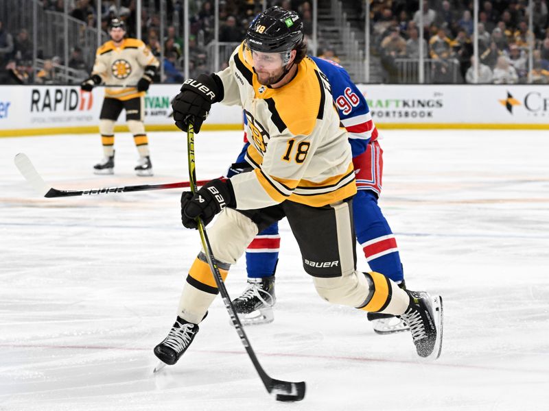 Mar 21, 2024; Boston, Massachusetts, USA; Boston Bruins center Pavel Zacha (18) takes a shot against the New York Rangers during the first period at the TD Garden. Mandatory Credit: Brian Fluharty-USA TODAY Sports