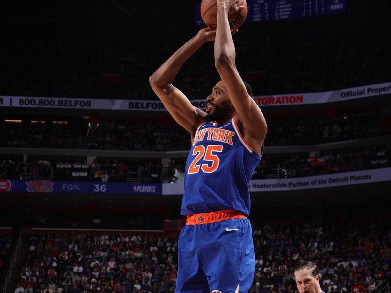 DETROIT, MI - APRIL 27:  Mikal Bridges #25 of the New York Knicks shoots a three point basket during the game against the Detroit Pistons during Round 1 Game 4 of the 2025 NBA Playoffs on April 27, 2025 at Little Caesars Arena in Detroit, Michigan. NOTE TO USER: User expressly acknowledges and agrees that, by downloading and/or using this photograph, User is consenting to the terms and conditions of the Getty Images License Agreement. Mandatory Copyright Notice: Copyright 2025 NBAE (Photo by Nathaniel S. Butler/NBAE via Getty Images)