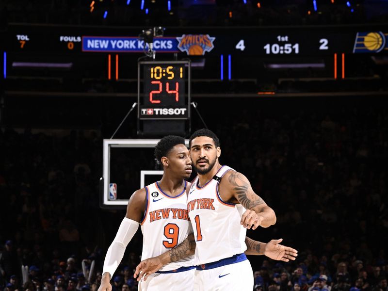 NEW YORK, NY - APRIL 9: Obi Toppin #1 of the New York Knicks looks on during the game against the Indiana Pacers on April 9, 2023 at Madison Square Garden in New York City, New York. NOTE TO USER: User expressly acknowledges and agrees that, by downloading and or using this photograph, User is consenting to the terms and conditions of the Getty Images License Agreement. Mandatory Copyright Notice: Copyright 2023 NBAE  (Photo by David Dow/NBAE via Getty Images)