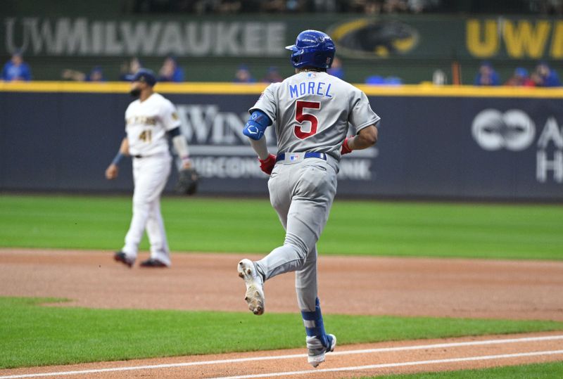 Sep 30, 2023; Milwaukee, Wisconsin, USA; Chicago Cubs second baseman Christopher Morel (5) rounds the bases after hitting a home run in the first inning against the Milwaukee Brewers at American Family Field. Mandatory Credit: Michael McLoone-USA TODAY Sports