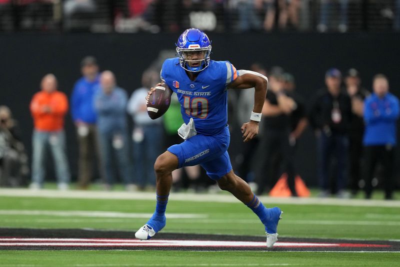 Dec 2, 2023; Las Vegas, NV, USA; Boise State Broncos quarterback Taylen Green (10) prepares to throw the ball against the UNLV Rebels in the first half during the Mountain West Championship at Allegiant Stadium. Mandatory Credit: Kirby Lee-USA TODAY Sports