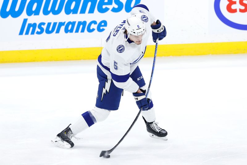 Jan 2, 2024; Winnipeg, Manitoba, CAN; Tampa Bay Lightning Philippe Meyers (5) warms up before a game against the Winnipeg Jets at Canada Life Centre. Mandatory Credit: James Carey Lauder-USA TODAY Sports