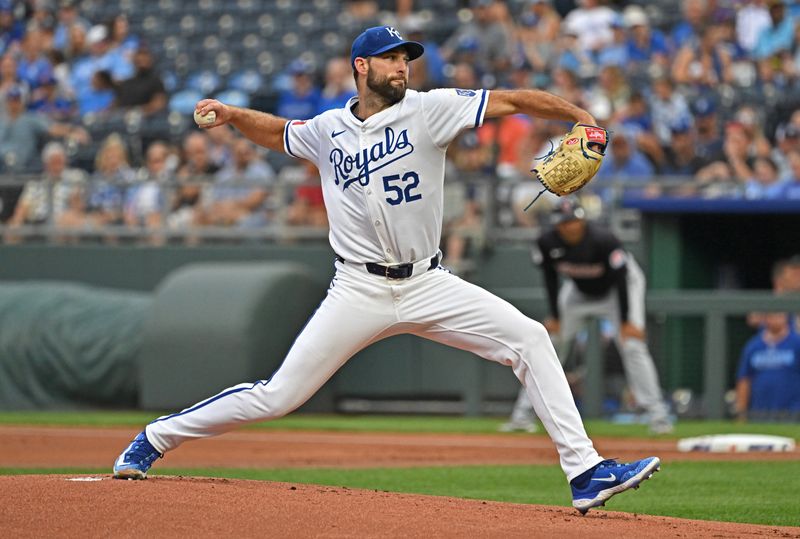 Jun 27, 2024; Kansas City, Missouri, USA; Kansas City Royals starting pitcher Michael Wacha (52) delivers a pitch in the first inning against the Cleveland Guardians at Kauffman Stadium. Mandatory Credit: Peter Aiken-USA TODAY Sports