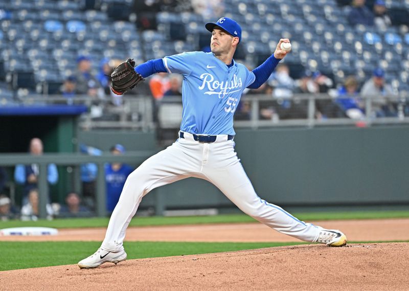 Apr 25, 2024; Kansas City, Missouri, USA;  Kansas City Royals starting pitcher Cole Ragans (55) delivers a pitch in the first inning against the Toronto Blue Jays at Kauffman Stadium. Mandatory Credit: Peter Aiken-USA TODAY Sports