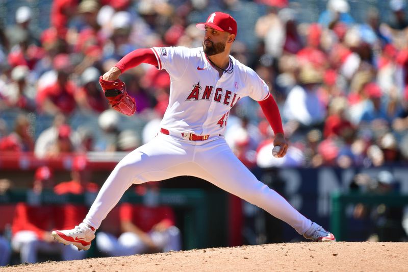 May 12, 2024; Anaheim, California, USA; Los Angeles Angels pitcher Patrick Sandoval (43) throws against the Kansas City Royals during the sixth inning at Angel Stadium. Mandatory Credit: Gary A. Vasquez-USA TODAY Sports