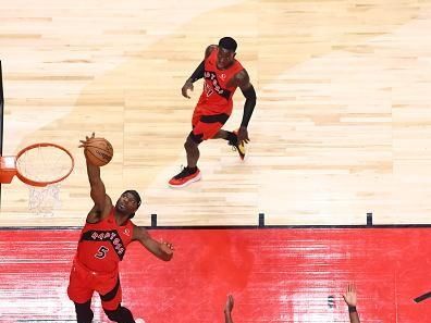 TORONTO, CANADA - OCTOBER 25: Precious Achiuwa #5 of the Toronto Raptors drives to the basket during the game against the Minnesota Timberwolves on October 25, 2023 at the Scotiabank Arena in Toronto, Ontario, Canada.  NOTE TO USER: User expressly acknowledges and agrees that, by downloading and or using this Photograph, user is consenting to the terms and conditions of the Getty Images License Agreement.  Mandatory Copyright Notice: Copyright 2023 NBAE (Photo by Vaughn Ridley/NBAE via Getty Images)