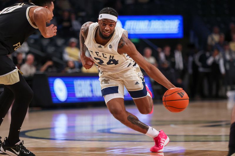 Feb 6, 2024; Atlanta, Georgia, USA; Georgia Tech Yellow Jackets guard Amaree Abram (24) drives to the basket against the Wake Forest Demon Deacons in the second half at McCamish Pavilion. Mandatory Credit: Brett Davis-USA TODAY Sports
