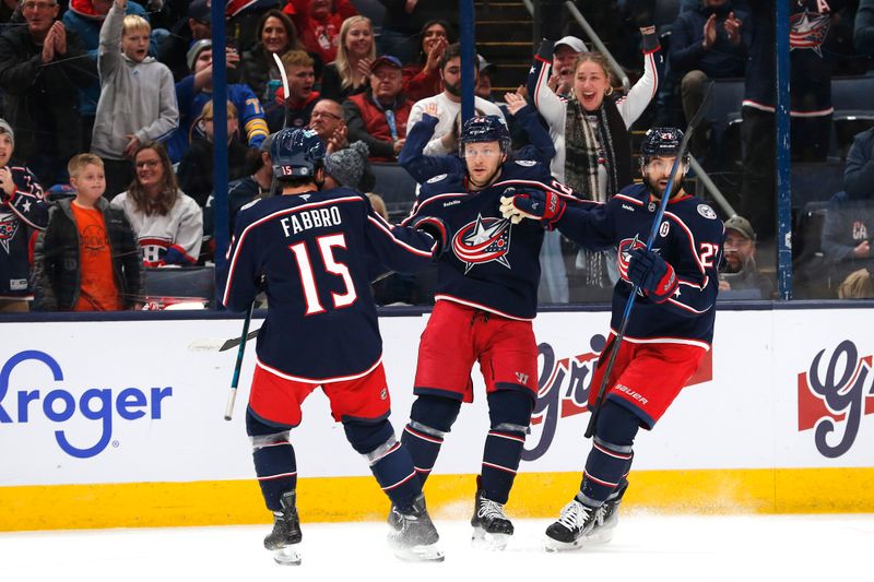 Nov 27, 2024; Columbus, Ohio, USA; Columbus Blue Jackets center Mathieu Olivier (24) celebrates his goal against the Montreal Canadiens during the first period at Nationwide Arena. Mandatory Credit: Russell LaBounty-Imagn Images