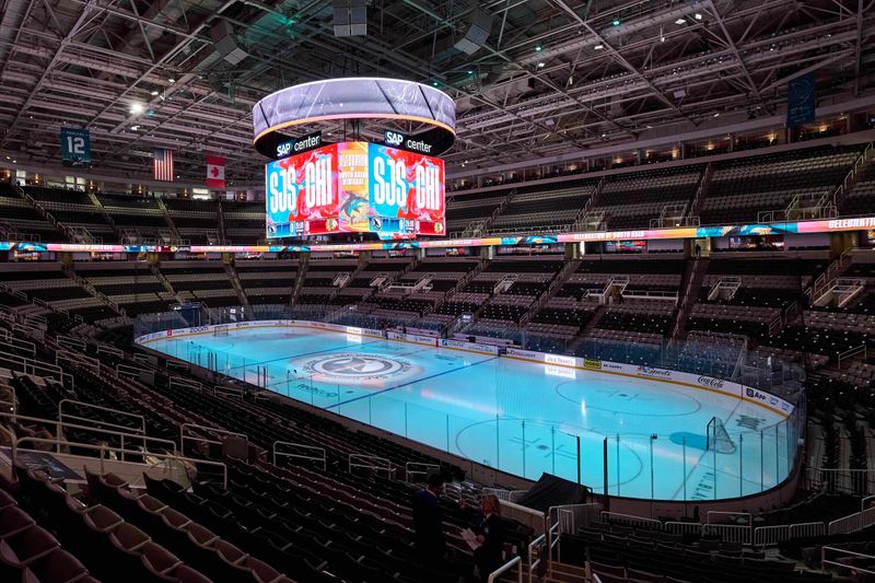 Mar 23, 2024; San Jose, California, USA; A general view of SAP Center at San Jose before the game between the San Jose Sharks and the Chicago Blackhawks.  Mandatory Credit: Robert Edwards-USA TODAY Sports