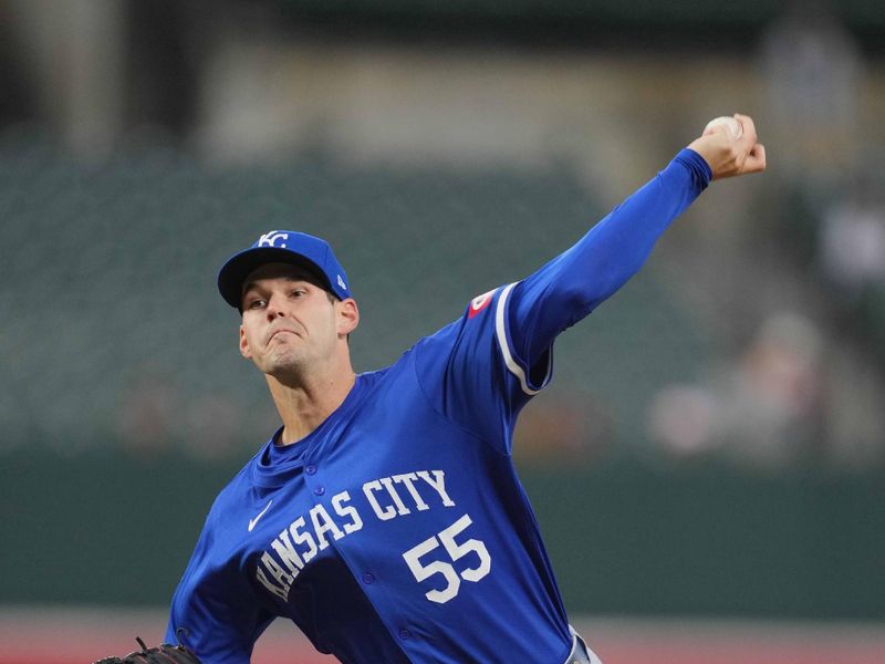 Apr 3, 2024; Baltimore, Maryland, USA; Kansas City Royals pitcher Cole Ragans (55) delivers in the second inning against the Baltimore Orioles at Oriole Park at Camden Yards. Mandatory Credit: Mitch Stringer-USA TODAY Sports