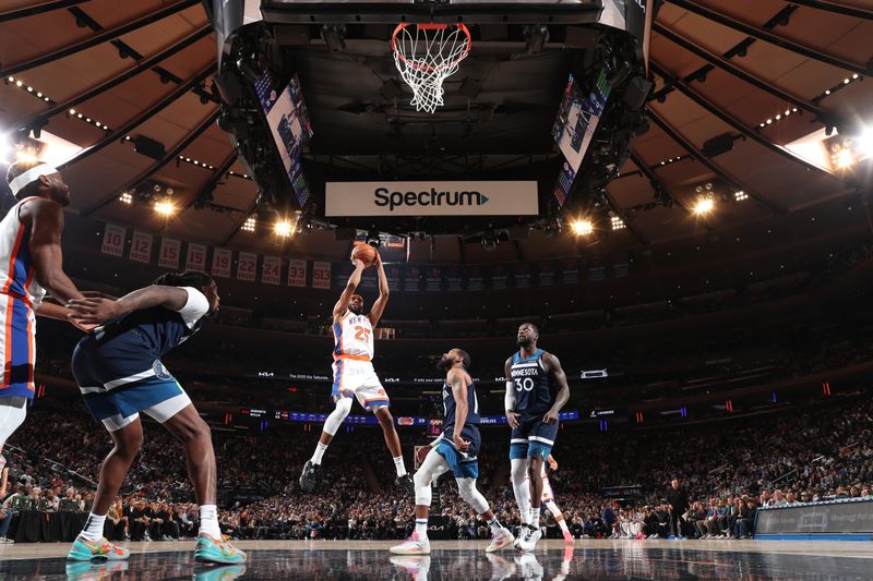 NEW YORK, NY - JANUARY 17: Mikal Bridges #25 of the New York Knicks shoots the ball during the game against the Minnesota Timberwolves on January 17, 2025 at Madison Square Garden in New York City, New York.  NOTE TO USER: User expressly acknowledges and agrees that, by downloading and or using this photograph, User is consenting to the terms and conditions of the Getty Images License Agreement. Mandatory Copyright Notice: Copyright 2025 NBAE  (Photo by Nathaniel S. Butler/NBAE via Getty Images)