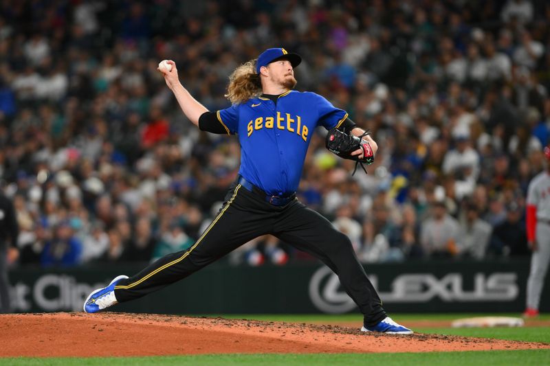 May 31, 2024; Seattle, Washington, USA; Seattle Mariners relief pitcher Ryne Stanek (45) pitches to the Los Angeles Angels during the eighth inning at T-Mobile Park. Mandatory Credit: Steven Bisig-USA TODAY Sports